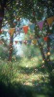 Colorful Party Decorations Fill a Serene Forest Setting During a Festive Celebration in Daylight. photo
