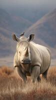 White Rhinoceros Walks Through Golden Grassland With Bird Perched on Its Back in Early Morning Light photo
