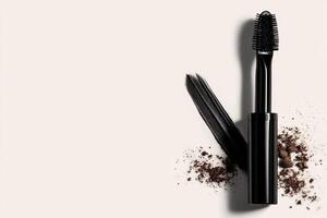 Black Mascara Tube With Brush and Makeup Residue on a Neutral Background photo