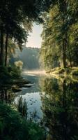 Serene Morning at a Tranquil Forest Lake With Mist Rising Above the Water photo
