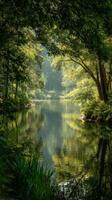 Serene Morning at a Tranquil Forest Lake With Mist Rising Above the Water. photo