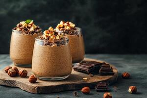 Chocolate Mousse Dessert Served With Nuts and Chocolate on a Wooden Board photo