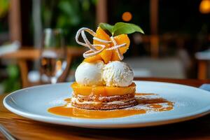 Delicious Dessert Featuring Ice Cream and Mango on a Wooden Table in a Cozy Restaurant Setting photo