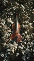 Violin Resting on a Bed of Daisies in a Sunlit Meadow During Spring photo