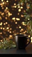 Warm Beverage in a Black Mug Beside Green Foliage With Blurred Bokeh Lights in the Background at Evening. photo