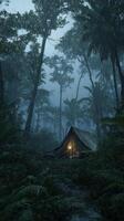 Tent Illuminated by Fire in a Lush Jungle During Heavy Rain at Dusk photo