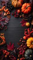 Autumn Harvest Arrangement Featuring Pumpkins and Berries on a Dark Wooden Background photo