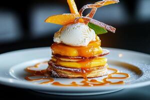 Delicious Dessert Stacked With Pancakes, Ice Cream, and Caramel Sauce Served on a White Plate photo