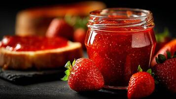 Delicious Strawberry Jam Jar With Fresh Strawberries and Toast on a Dark Background photo