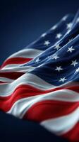 American Flag Draped Elegantly Against a Blue Backdrop Displaying Rich Colors and Textures. photo