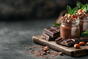 Chocolate Mousse Dessert Served With Nuts and Chocolate on a Wooden Board. photo