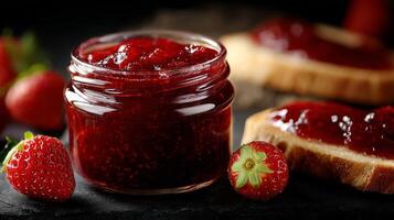 Strawberry Jam Jar With Toast Slices Topped With Fresh Spread and Strawberries on the Side. photo