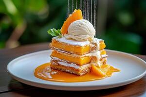 Delicious Dessert Featuring Ice Cream and Mango on a Wooden Table in a Cozy Restaurant Setting. photo