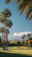Scenic View of Palm Trees and Serene Waterway at a Golf Course in Warm Sunlight. photo