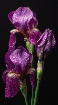 Purple Iris Flowers Displaying Raindrops in a Close-Up Arrangement Against a Dark Background photo