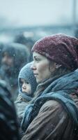 Woman Holding Child in Winter Weather During a Refugee Gathering in a Cold, Snow-Covered Landscape photo