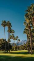 Palm Trees Line a Lush Green Golf Course Under a Clear Blue Sky Near Mountains photo