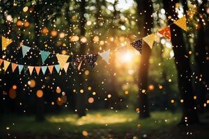 Colorful Decorations Hang in Sunlight During a Festive Outdoor Gathering Among Trees photo