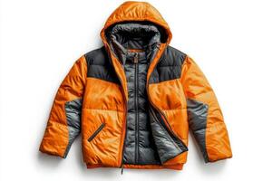 Warm Orange and Black Insulated Jacket Displayed on a Flat Surface for Winter Fashion Review photo