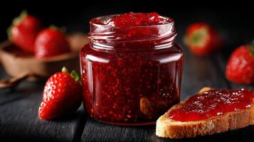 Delicious Strawberry Jam Jar With Fresh Strawberries and Toast on a Dark Background. photo