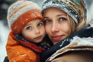 Embracing Winter Warmth With a Child in a Snowy Landscape During a Joyful Moment photo