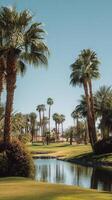 Scenic View of Palm Trees and Serene Waterway at a Golf Course in Warm Sunlight photo