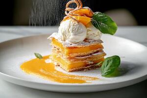 Delicious Dessert Stacked With Pancakes, Ice Cream, and Caramel Sauce Served on a White Plate. photo