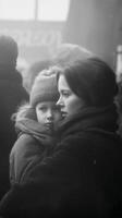 Mother and Child Share a Tender Moment in a Bustling Urban Setting During Winter photo