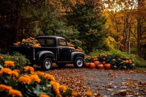 Old Truck Surrounded by Pumpkins and Flowers in a Colorful Autumn Setting photo