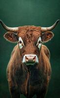 Cow Standing in a Lush Green Field Looking Directly at the Viewer During a Sunny Day. photo