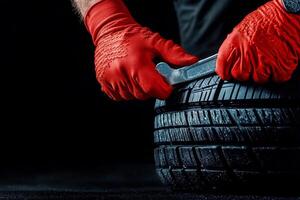 Mechanic Replaces Tire Using Wrench While Wearing Red Gloves in a Workshop photo