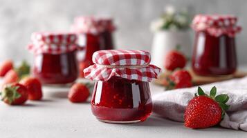 Homemade Strawberry Jam in Jars With Fresh Strawberries on Wooden Table in Kitchen. photo