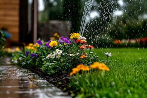 Colorful Flowers Being Watered in a Well-Maintained Garden During a Sunny Day photo
