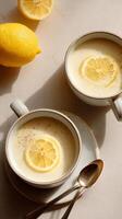 Delicious Lemon Pudding Served in Cups With Slices and Silver Spoon on Textured Grey Surface. photo