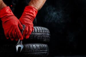 Car Mechanic Working on Tires With Gloves and a Wrench in Workshop at Night photo