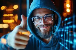 Man in Hoodie Gives Thumbs up in Urban Setting With Glowing Lights at Nighttime. photo