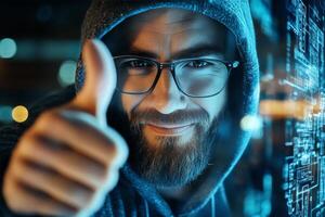 Young Man in Hoodie Shows Thumbs up Near Digital Interface at Night in Urban Setting photo