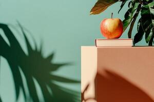 Fresh Apple on a Green Pedestal With a Warm Background Showcasing Simplicity and Elegance. photo