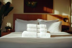Luxurious White Towels Stacked on a Hotel Bed With Sunlight Streaming Through Large Windows. photo