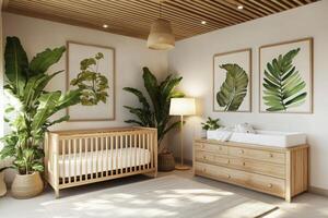 Modern Nursery Design Featuring a Crib and Changing Table With Greenery for a Soothing Atmosphere photo
