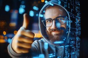 Young Man in Hoodie Shows Thumbs up Near Digital Interface at Night in Urban Setting. photo