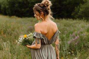 Woman Collecting Wildflowers in a Meadow During Golden Hour in Summer photo