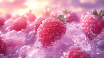 Fresh Raspberries Resting on Ice With a Pastel Background at Sunset photo