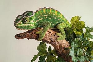 Colorful Lizard Relaxing on Branch Surrounded by Green Leaves Indoors photo