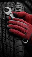 Repairing a Tire With a Wrench While Wearing Red Gloves in an Auto Shop photo