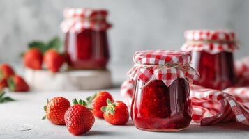 Homemade Strawberry Jam in Jars With Fresh Strawberries on Wooden Table in Kitchen photo