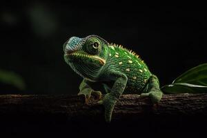 Colorful Green Lizard Perched on Branch Surrounded by Vibrant Leaves in a Close up View. photo