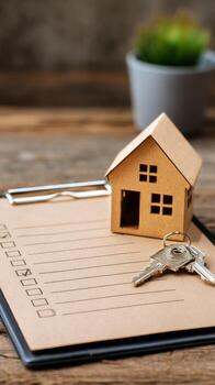 Home Buying Checklist With Miniature House and Keys on a Wooden Table photo