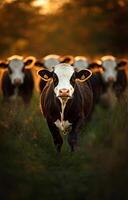 Cows Walking Through a Grassy Field at Sunset Near a Farm in Rural Countryside photo