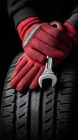 Repairing a Tire With a Wrench While Wearing Red Gloves in an Auto Shop. photo